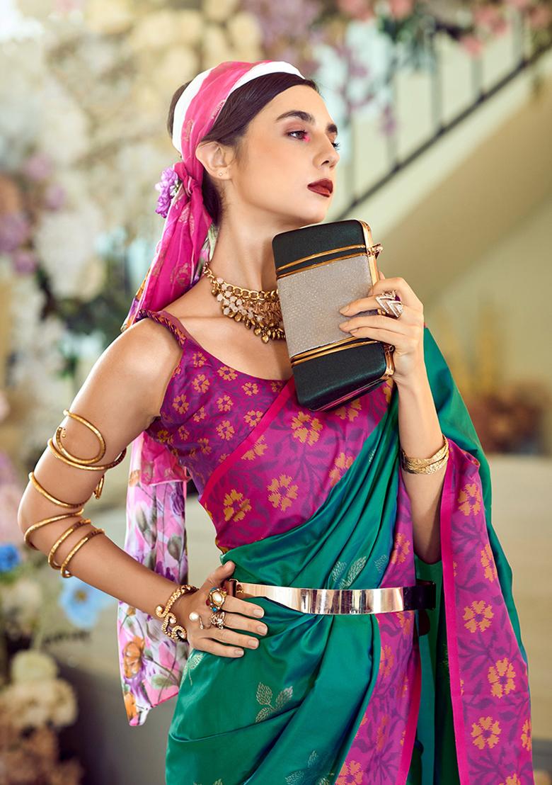 Green Printed Banarasi Silk Saree Set