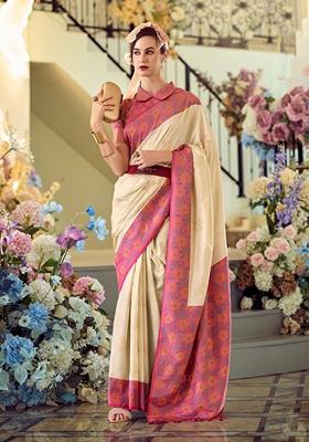 Cream Printed Banarasi Silk Saree Set