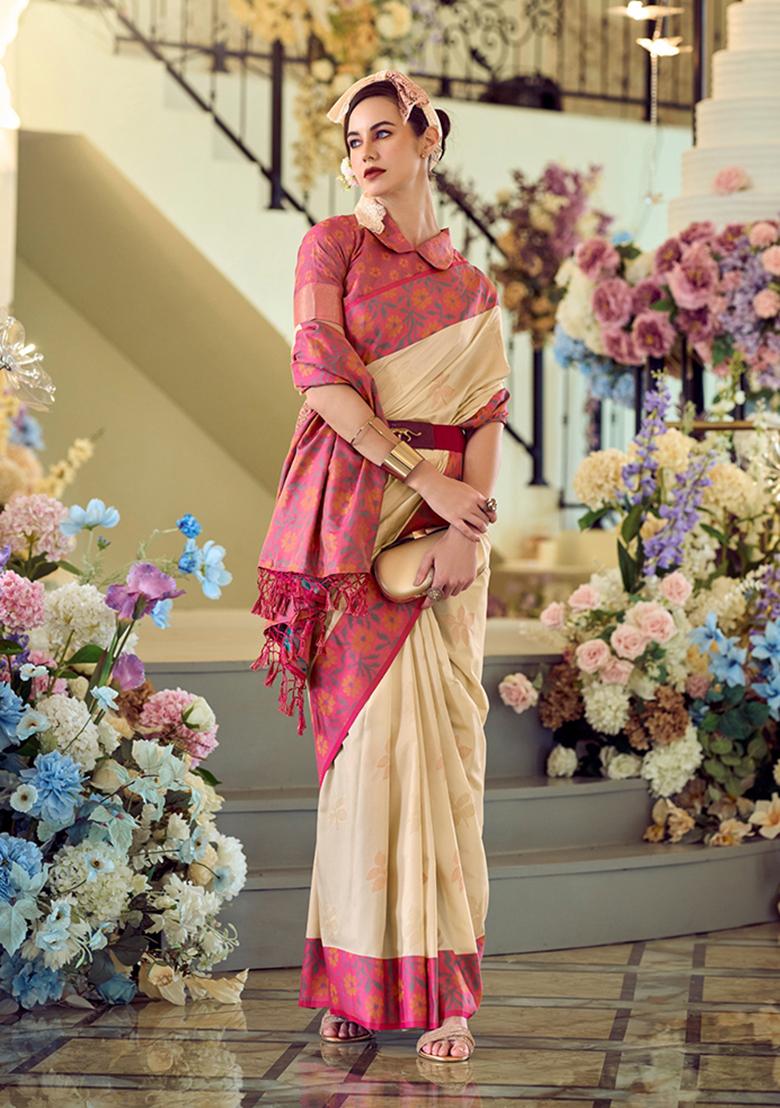 Cream Printed Banarasi Silk Saree Set