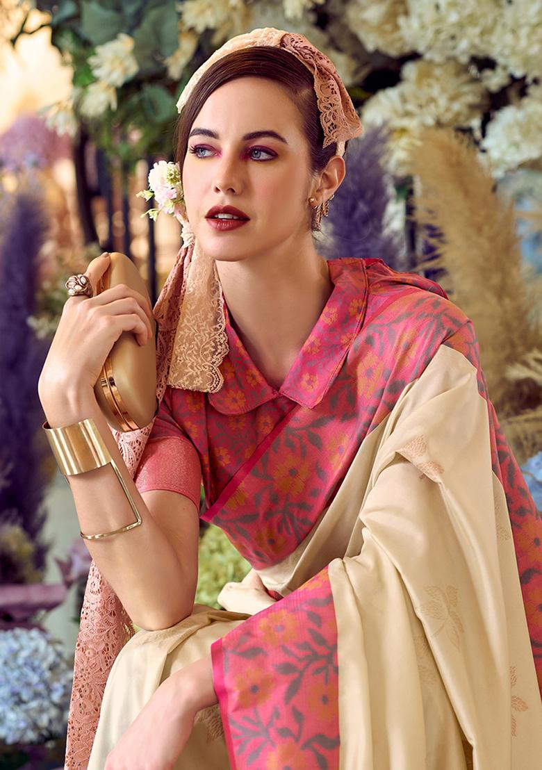 Cream Printed Banarasi Silk Saree Set