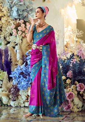 Magenta Printed Banarasi Silk Saree Set
