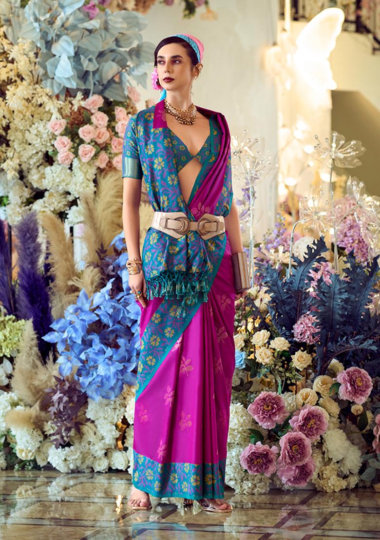 Magenta Printed Banarasi Silk Saree Set