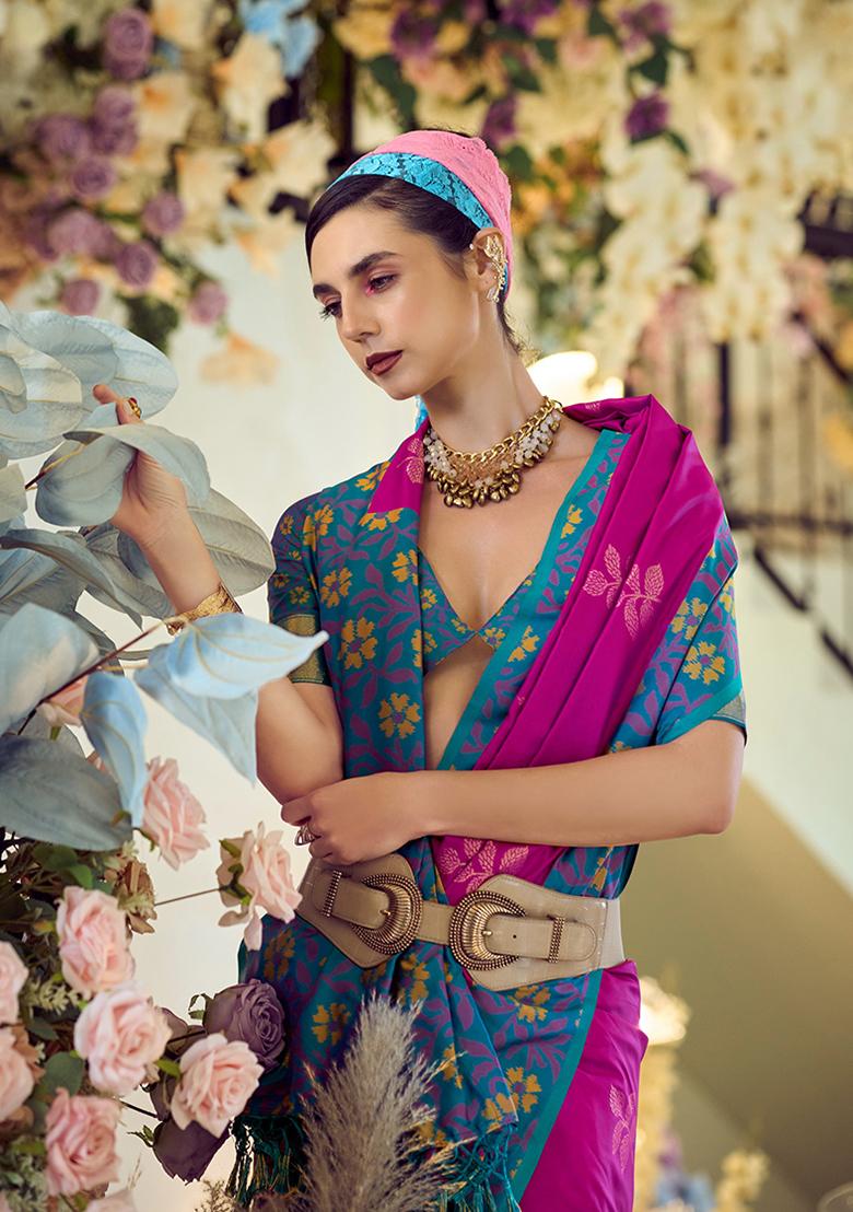 Magenta Printed Banarasi Silk Saree Set