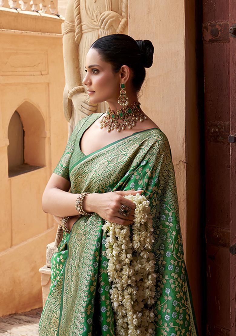 Green Zari Embroidered Silk Saree Set