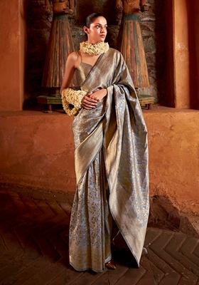 Slate Grey Zari Embroidered Silk Saree Set