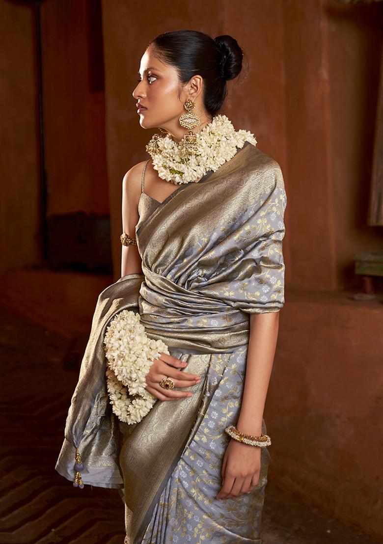 Slate Grey Zari Embroidered Silk Saree Set