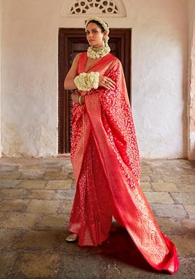 Red Zari Embroidered Silk Saree Set