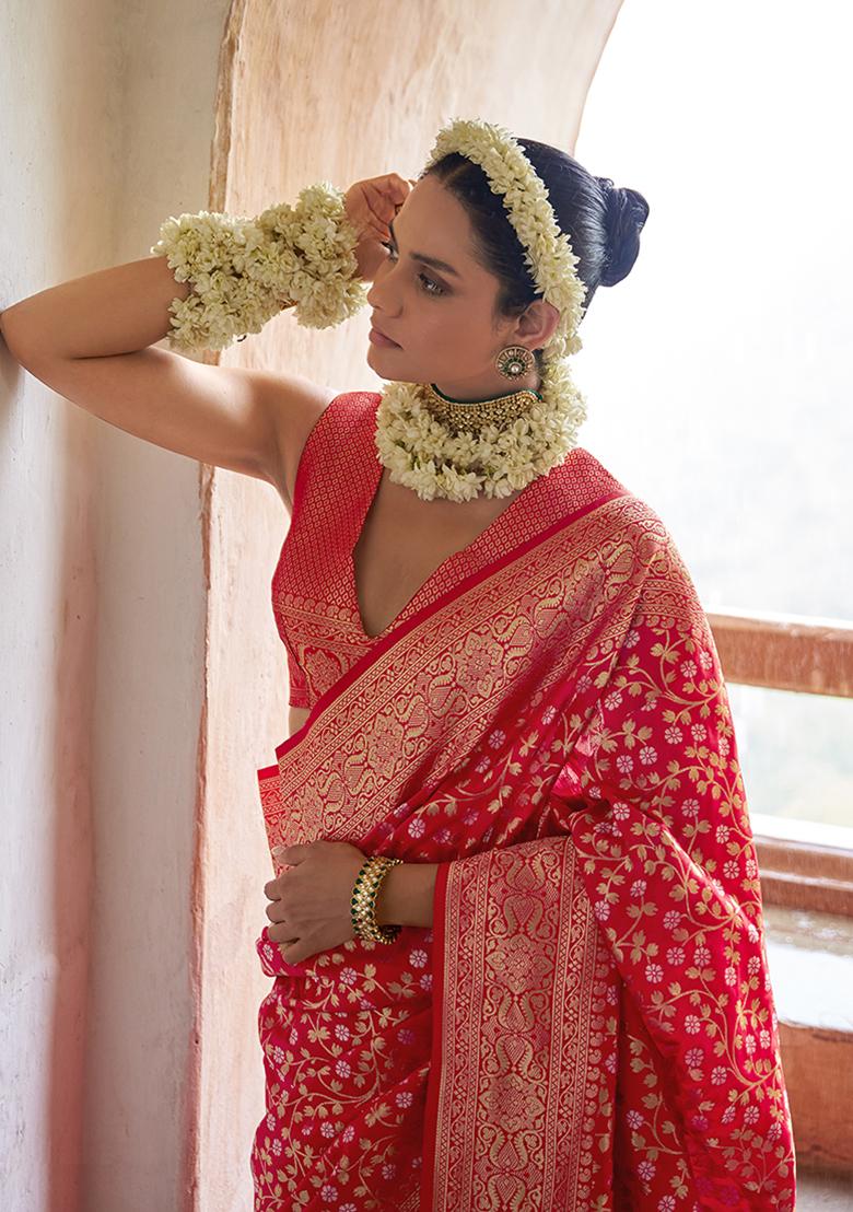 Red Zari Embroidered Silk Saree Set