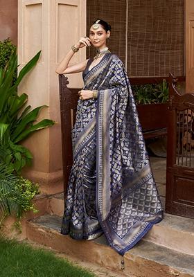 Navy Blue Zari Embroidered Viscose Saree Set