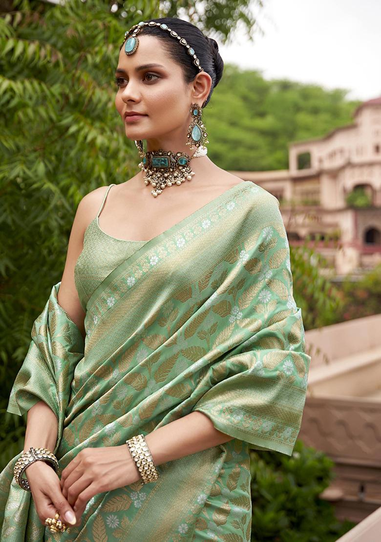 Light Green Zari Embroidered Viscose Saree Set
