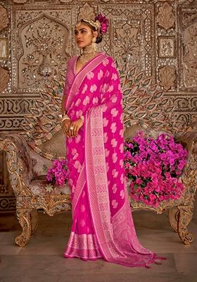 Rani Pink Printed Georgette Saree Set