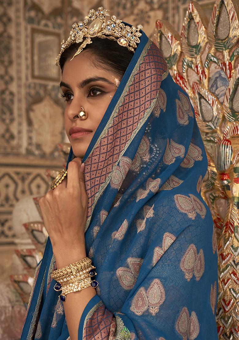 Teal Printed Georgette Saree Set