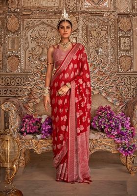 Red Printed Georgette Saree Set