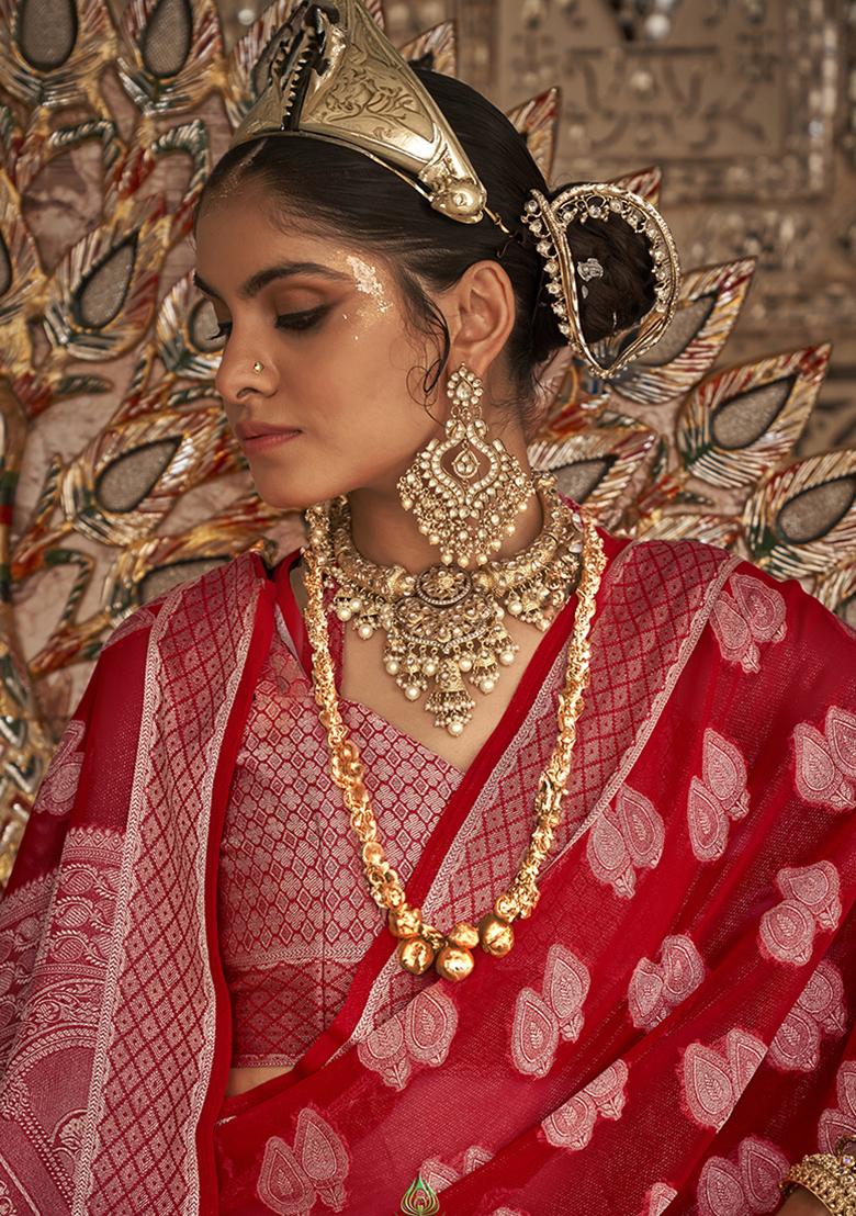 Red Printed Georgette Saree Set