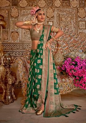 Green Printed Georgette Saree Set