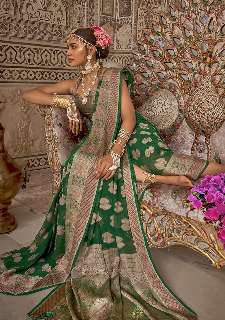 Green Printed Georgette Saree Set