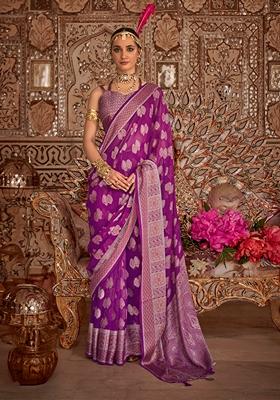 Purple Printed Georgette Saree Set