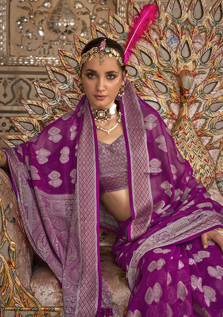 Purple Printed Georgette Saree Set