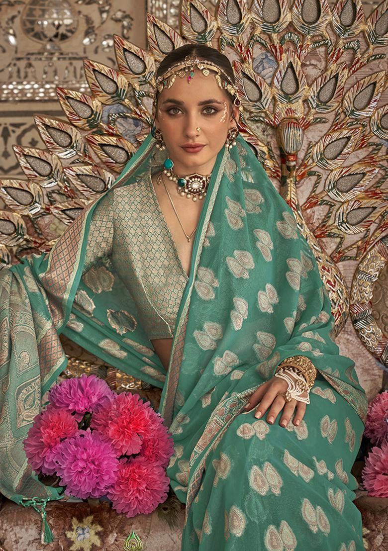 Rama Green Printed Georgette Saree Set