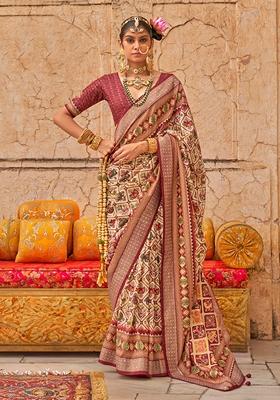 Cream Printed Silk Saree Set