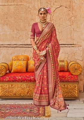 Red Printed Silk Saree Set