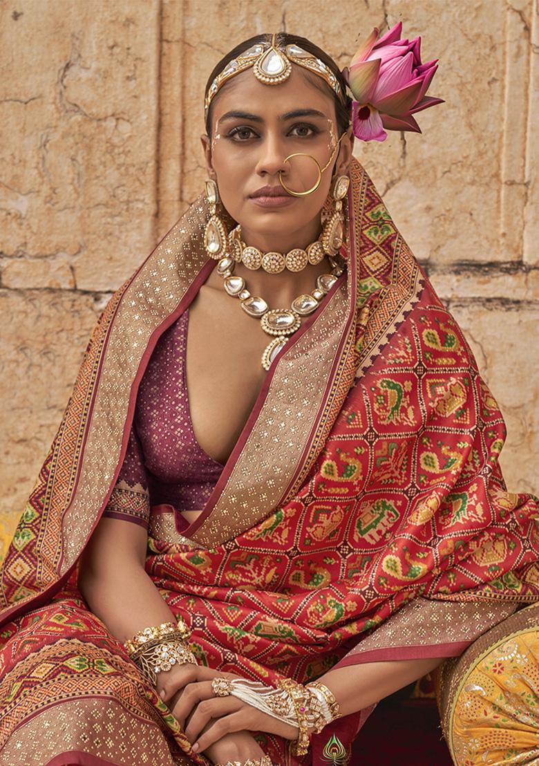 Red Printed Silk Saree Set