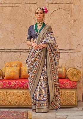Cream Printed Silk Saree Set