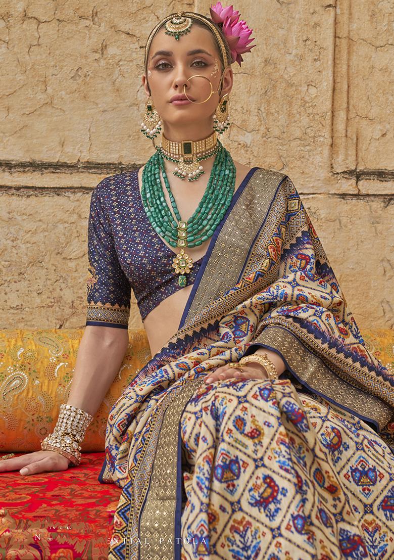 Cream Printed Silk Saree Set