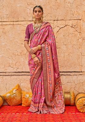Pink Printed Silk Saree Set