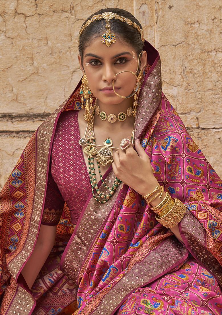 Pink Printed Silk Saree Set