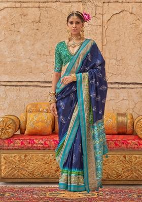 Navy Blue Printed Silk Saree Set