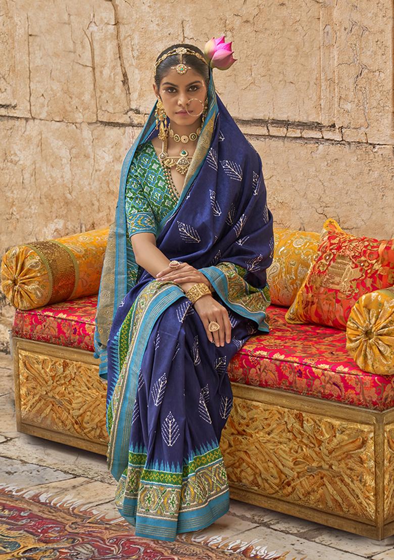 Navy Blue Printed Silk Saree Set