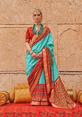 Aqua Blue Printed Silk Saree Set