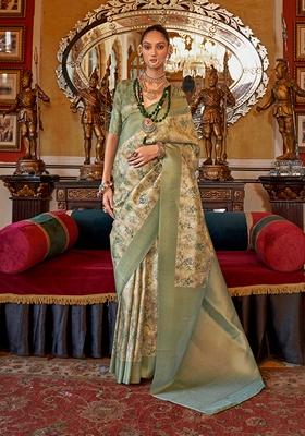 Light Green Zari Embroidered Tussar Silk Saree Set