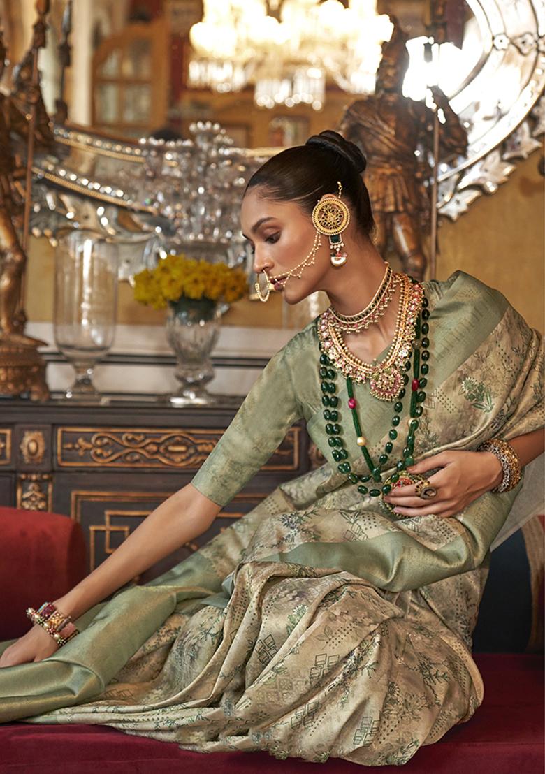 Light Green Zari Embroidered Tussar Silk Saree Set