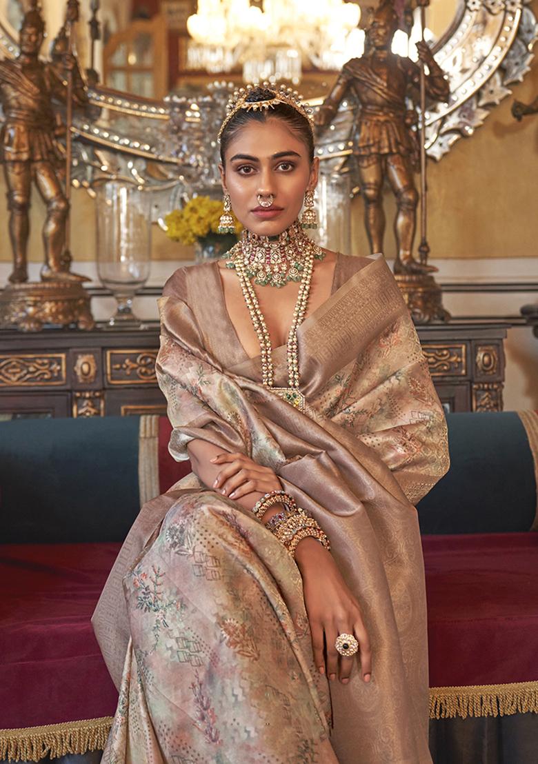 Light Brown Zari Embroidered Tussar Silk Saree Set