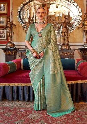 Sea Green Zari Embroidered Tussar Silk Saree Set