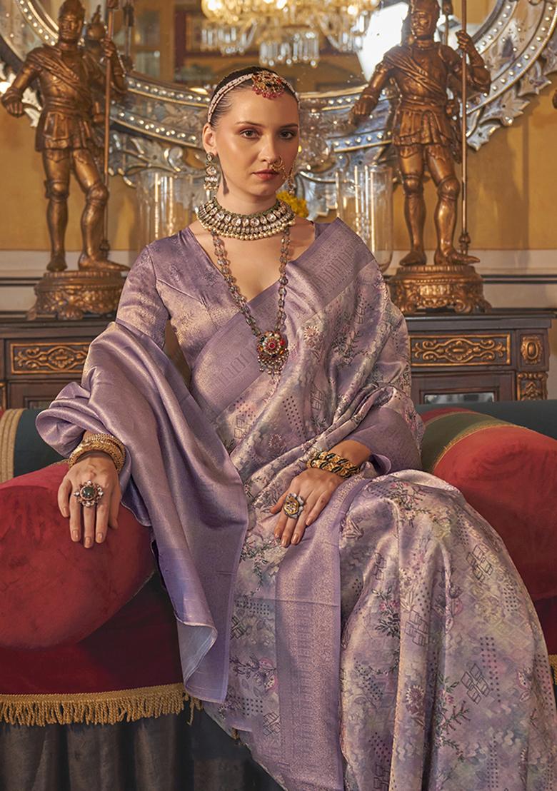 Lilac Zari Embroidered Tussar Silk Saree Set