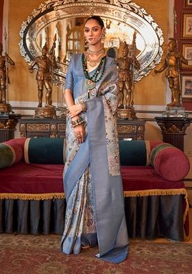 Grey Zari Embroidered Tussar Silk Saree Set