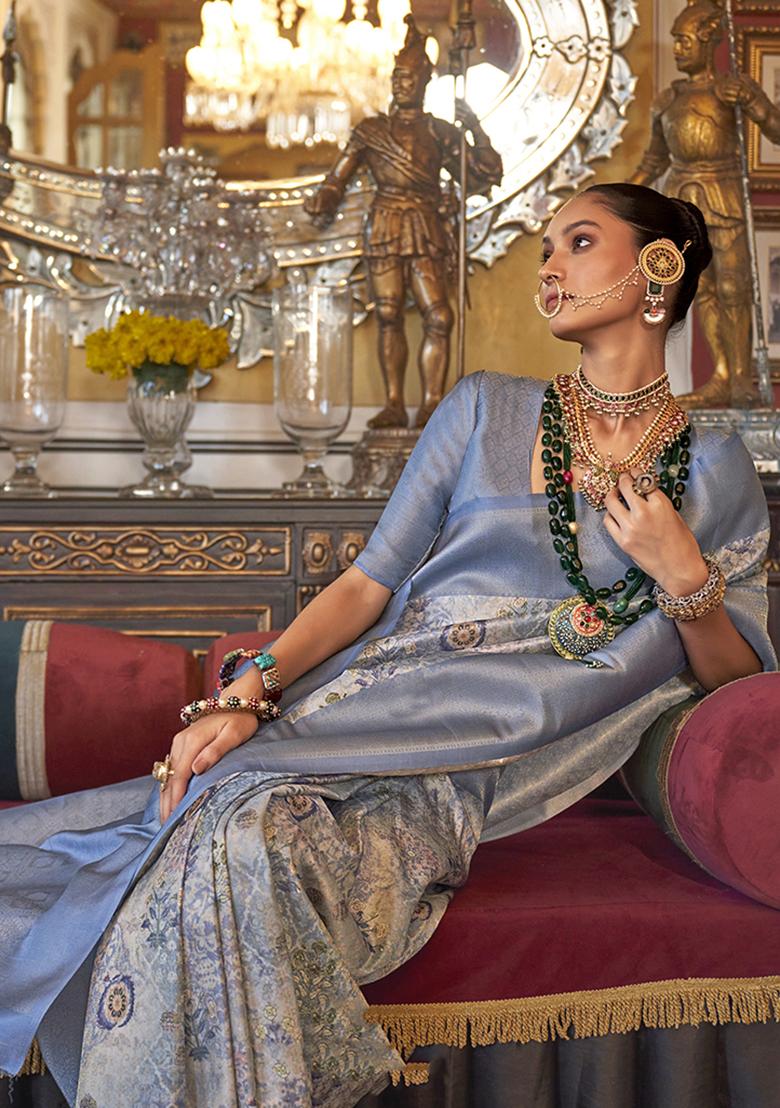 Grey Zari Embroidered Tussar Silk Saree Set