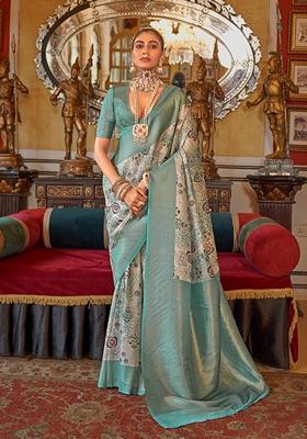 Turquoise Blue Zari Embroidered Tussar Silk Saree Set
