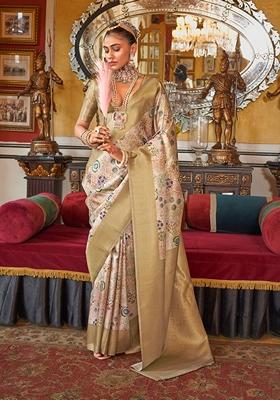 Cream Zari Embroidered Tussar Silk Saree Set