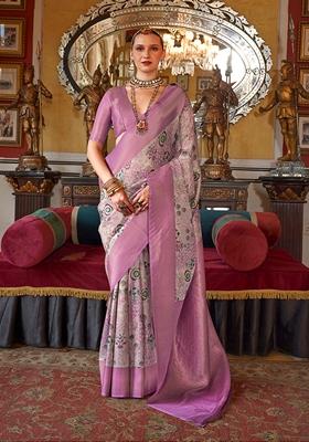 Mauve Zari Embroidered Tussar Silk Saree Set
