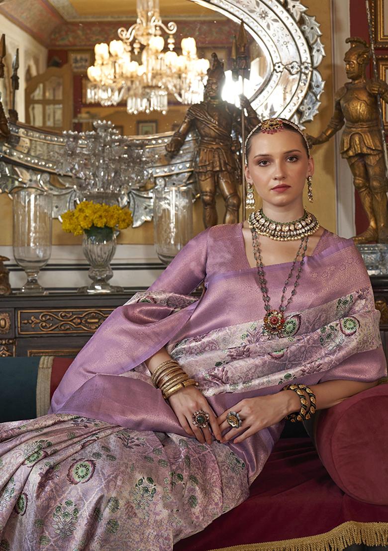 Mauve Zari Embroidered Tussar Silk Saree Set