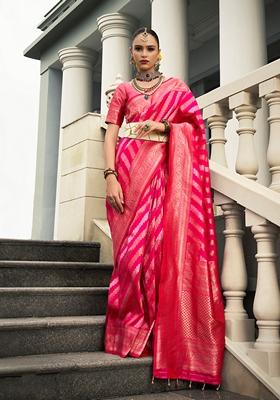 Rani Pink Zari Embroidered Silk Saree Set