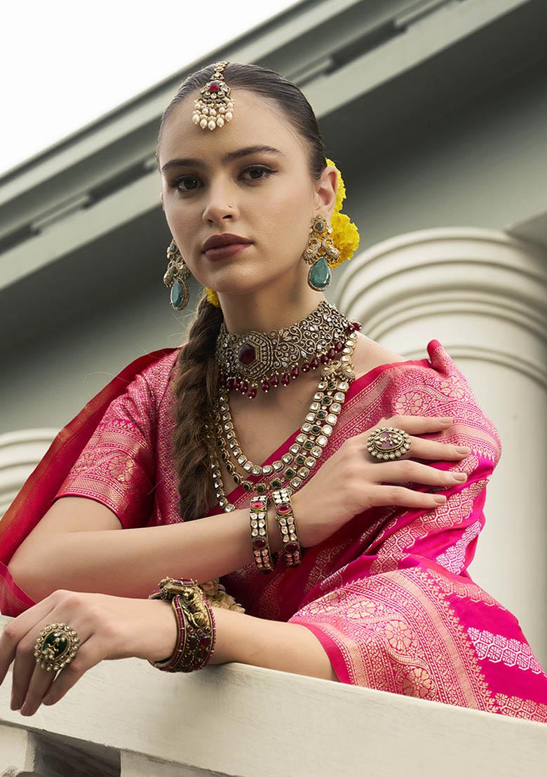 Rani Pink Zari Embroidered Silk Saree Set