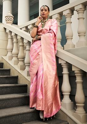 Baby Pink Zari Embroidered Silk Saree Set