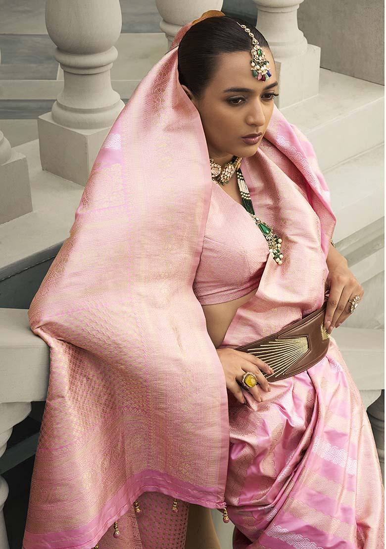 Baby Pink Zari Embroidered Silk Saree Set