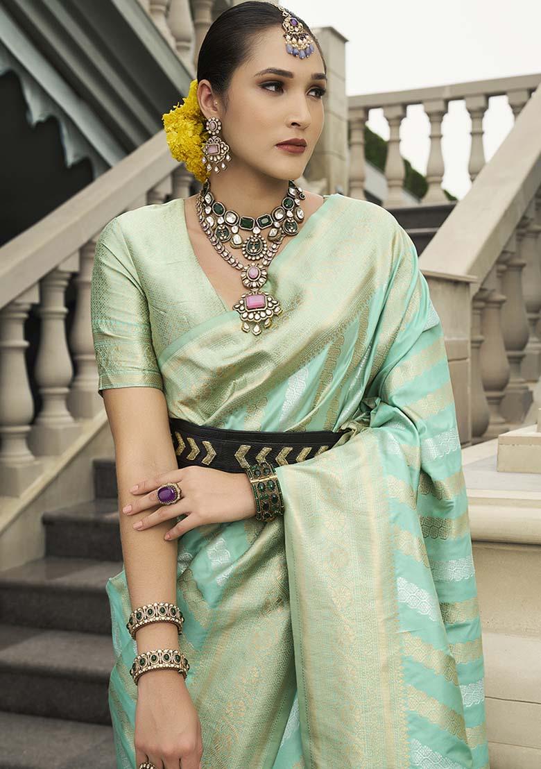 Turquoise Blue Zari Embroidered Silk Saree Set