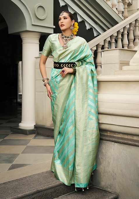 Turquoise Blue Zari Embroidered Silk Saree Set